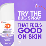 Partial OFF! Clean Feel bottle against a purple background with text inviting users to try the bug spray that feels good on skin