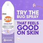 Promotional graphic of OFF! Clean Feel aerosol with text encouraging users to 'try the bug spray' that feels good on skin
