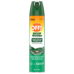 Tall green and orange OFF! Deep Woods aerosol canister with spray nozzle and long‑lasting protection label
