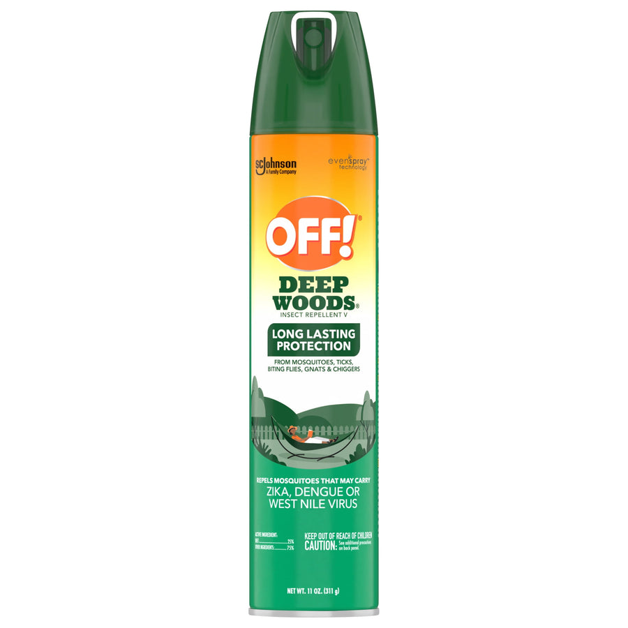 Tall green and orange OFF! Deep Woods aerosol canister with spray nozzle and long‑lasting protection label