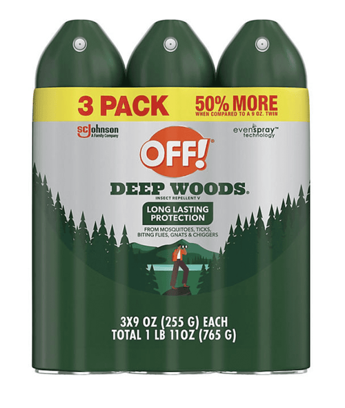 Three-pack of OFF! Deep Woods aerosol cans with green tops and yellow 3 PACK band, front label visible