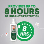 Graphic ad showing an OFF! Deep Woods spray bottle beside a large green 8 HRS icon and headline about up to 8 hours of mosquito protection.