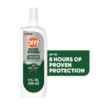 White bottle of OFF! Deep Woods insect repellent spritz with green label and callout reading up to 8 hours of protection.