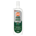 White spray bottle of OFF! Deep Woods insect repellent with green label and forest illustration