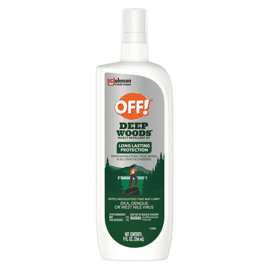 White spray bottle of OFF! Deep Woods insect repellent with green label and forest illustration