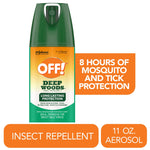 Close-up studio image of an OFF! Deep Woods aerosol can with orange callout stating 8 hours of mosquito and tick protection