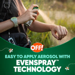 Person spraying OFF! Deep Woods aerosol on their forearm outdoors, highlighted by Evenspray technology messaging.