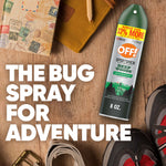 Flat-lay scene showing an OFF! Sportsmen Deep Woods can next to outdoor gear and bold text calling it the bug spray for adventure.