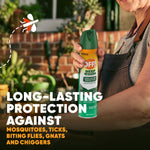 Lifestyle shot of a person holding an OFF! Deep Woods spray can in a garden with text promoting long-lasting protection against biting insects