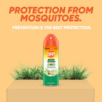 OFF! Deep Woods aerosol can centered on a pedestal with grass behind and headline about mosquito protection