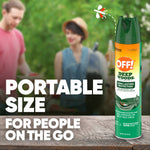 Promotional image showing an OFF! Deep Woods aerosol can on a wooden surface with blurred people in background and text about portable size