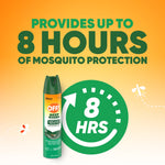 Graphic image of an OFF! Deep Woods aerosol can beside a large green clock icon and text claiming up to 8 hours of mosquito protection