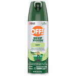 OFF! Deep Woods Dry aerosol spray can with dark green cap and label showing outdoor forest illustration and brand logo.