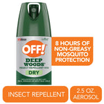 Single OFF! Deep Woods Dry aerosol can with orange badges stating 8 hours protection and insect repellent / 2.5 oz aerosol details