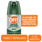Close-up product shot of an OFF! Deep Woods Dry aerosol can with text claiming 8 hours non-greasy protection