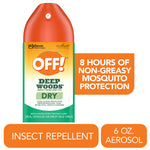 Close-up studio-style image of an OFF! Deep Woods dry aerosol can with orange cap and product callouts
