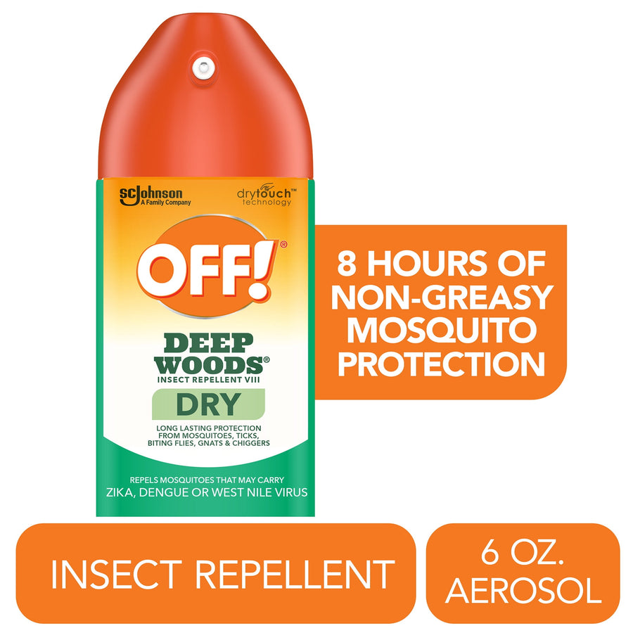 Close-up studio-style image of an OFF! Deep Woods dry aerosol can with orange cap and product callouts