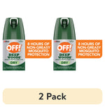 Two OFF! Deep Woods Dry aerosol cans side-by-side with orange callouts highlighting 8 hours protection and a "2 Pack" label below