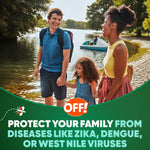 Family walking along a lakeshore with OFF! branding and copy about protecting your family from mosquito-borne diseases.
