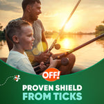Father and son fishing at sunset with OFF! logo and text promoting proven shield from ticks over a green graphic band.
