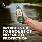 Hand holding an OFF! Deep Woods aerosol can over a lakeside background with text about up to 8 hours of protection.