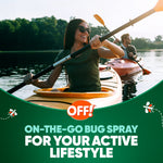 Woman kayaking with another paddler in background, OFF! logo and on-the-go bug spray messaging across green banner.