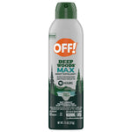 Tall silver and green OFF! Deep Woods Max aerosol canister labeled as a DEET-free insect repellent with 10-hour protection.