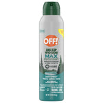 Tall aerosol can of OFF! Deep Woods Max insect repellent, gray and teal can with green cap and brand logo