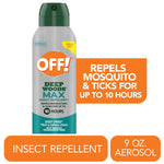 Aerosol can of OFF! Deep Woods Max insect repellent with text callouts on white background.