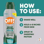 Instructional graphic showing OFF! Deep Woods Max can and three usage steps on a teal background.