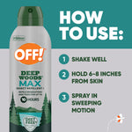 Instructional graphic showing an OFF! Deep Woods Max aerosol can and three 'how to use' steps on a teal background