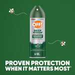 Single OFF! Deep Woods aerosol can centered on a green background with small flying mosquito illustrations and product copy.