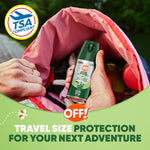 Hand placing a travel-size OFF! Deep Woods aerosol can into a striped bag with a TSA-compliant badge and travel protection text