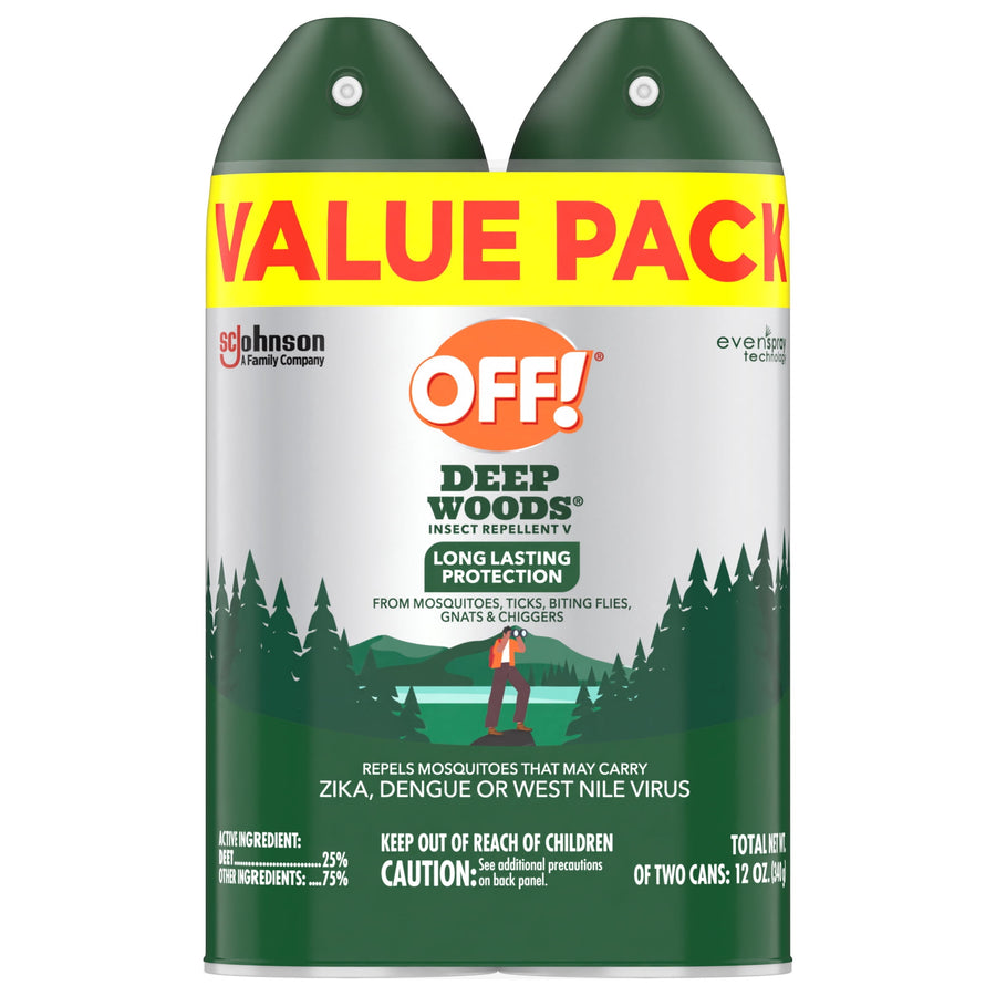 Two-pack aerosol value pack of OFF! Deep Woods insect repellent with yellow “VALUE PACK” band and forest illustration on cans.