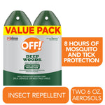 Two OFF! Deep Woods aerosol cans in value-pack packaging with bold callouts about insect protection and 6 oz size.