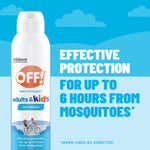 OFF! adults & kids aerosol can next to text reading effective protection for up to 6 hours from mosquitoes with cloud graphics