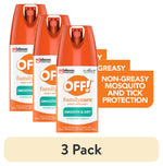 Three OFF! FamilyCare Smooth & Dry aerosol cans with orange labels and product callouts