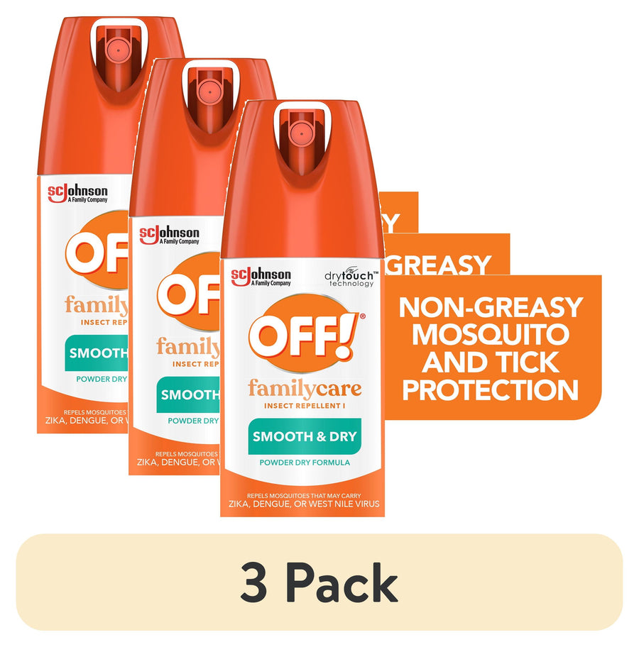 Three OFF! FamilyCare Smooth & Dry aerosol cans with orange labels and product callouts