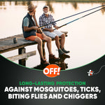 Two men fishing on a dock above promotional OFF! logo and text about long-lasting protection against mosquitoes and ticks