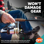 Close-up of a person holding a fishing rod in a boat with 'won't damage gear' headline and OFF! logo
