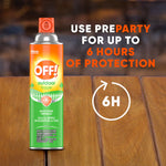 OFF! Outdoor fogger can on a wooden surface beside bold orange text promoting preparty use for up to six hours and a 6H icon.