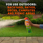 Arm holding and spraying an OFF! Outdoor fogger in a backyard scene with text listing outdoor use areas like patios and campsites.