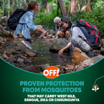 Three people crouched by a forest stream with OFF! logo and text about proven protection from mosquitoes and related illnesses