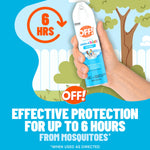 Hand holding an OFF! aerosol can with graphic claiming up to 6 hours of effective protection against mosquitoes