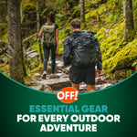 Two hikers with backpacks walking on a mossy forest trail with OFF! logo and 'essential gear for every outdoor adventure' text