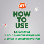 Instructional how-to-use panel with OFF! logo and steps: shake well, hold 6–8 inches from skin, spray in sweeping motion
