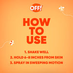 Orange how-to-use panel from OFF! showing steps: shake well, hold 6–8 inches, spray in sweeping motion