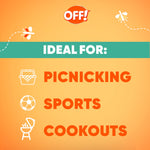 Orange OFF! graphic listing ideal uses: picnicking, sports, cookouts with small insect icons