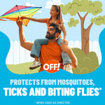 Man giving a child a piggyback ride while flying a kite with OFF! logo and text about protection from mosquitoes, ticks and flies