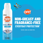 OFF! adults & kids aerosol can at left with bold blue panel reading non-greasy and fragrance-free everyday protection
